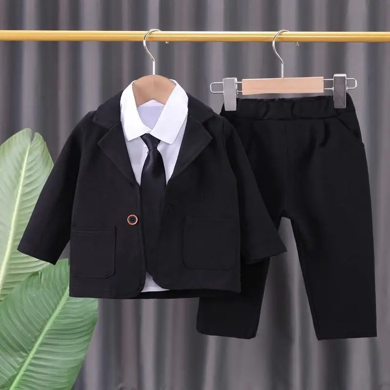 Baby Boy Toddler 3pcs Black Blazer Suit Set Shirt Necktie Pants Formal Wear Wedding Party Birthday Autumn Kids Gentleman Clothes