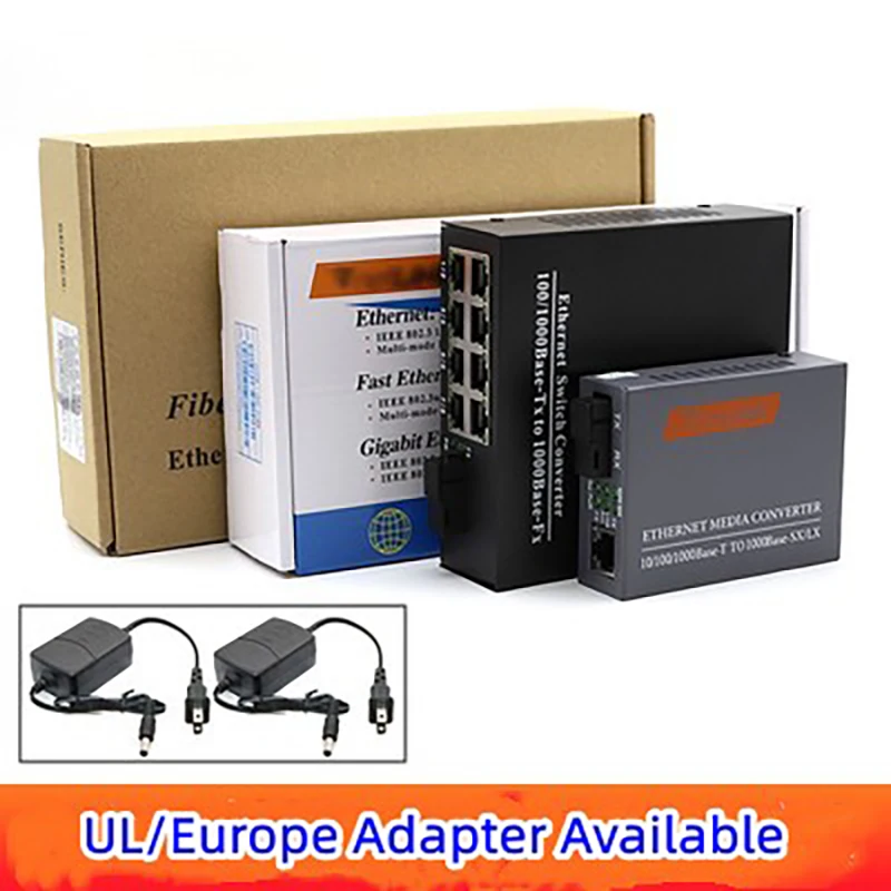 Gigabit Fiber Transceiver, SC 1 Fiber 8RJ45 + 1 RJ45, Singlemode, 10 m, 100 m, 1000m Media Converter, 20km, 1 Pair