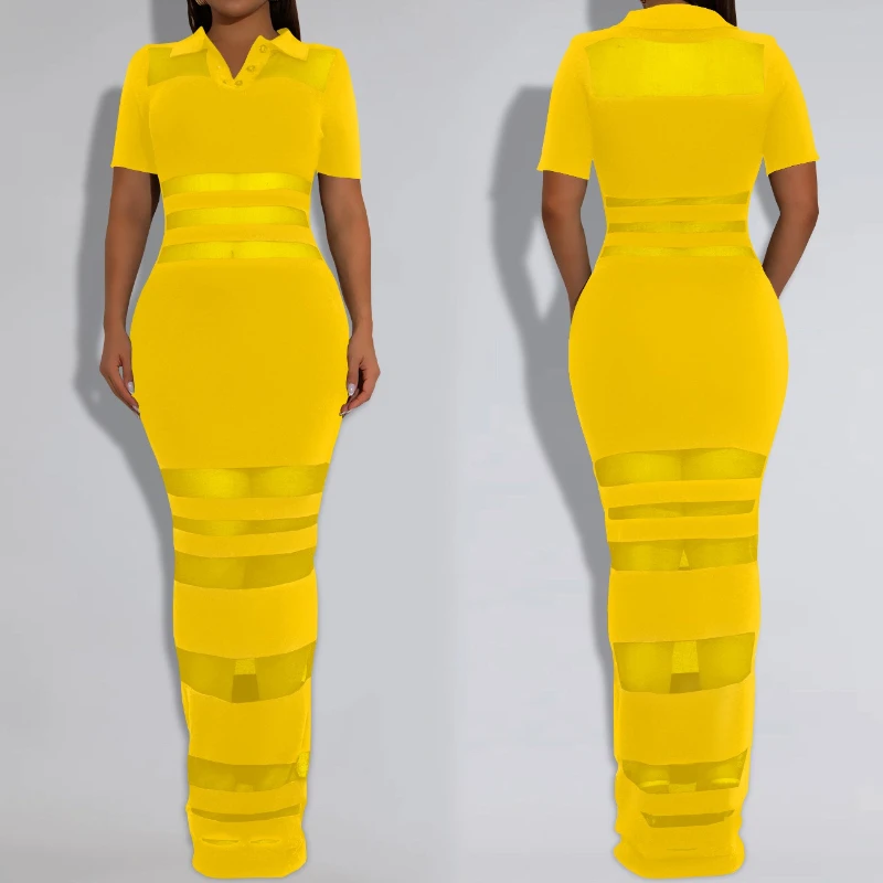 Vestido Polo transparente a rayas de malla para mujer, vestidos sexis ajustados con cuellos vuelto enjaulados para fiesta, Vestido de noche para discoteca