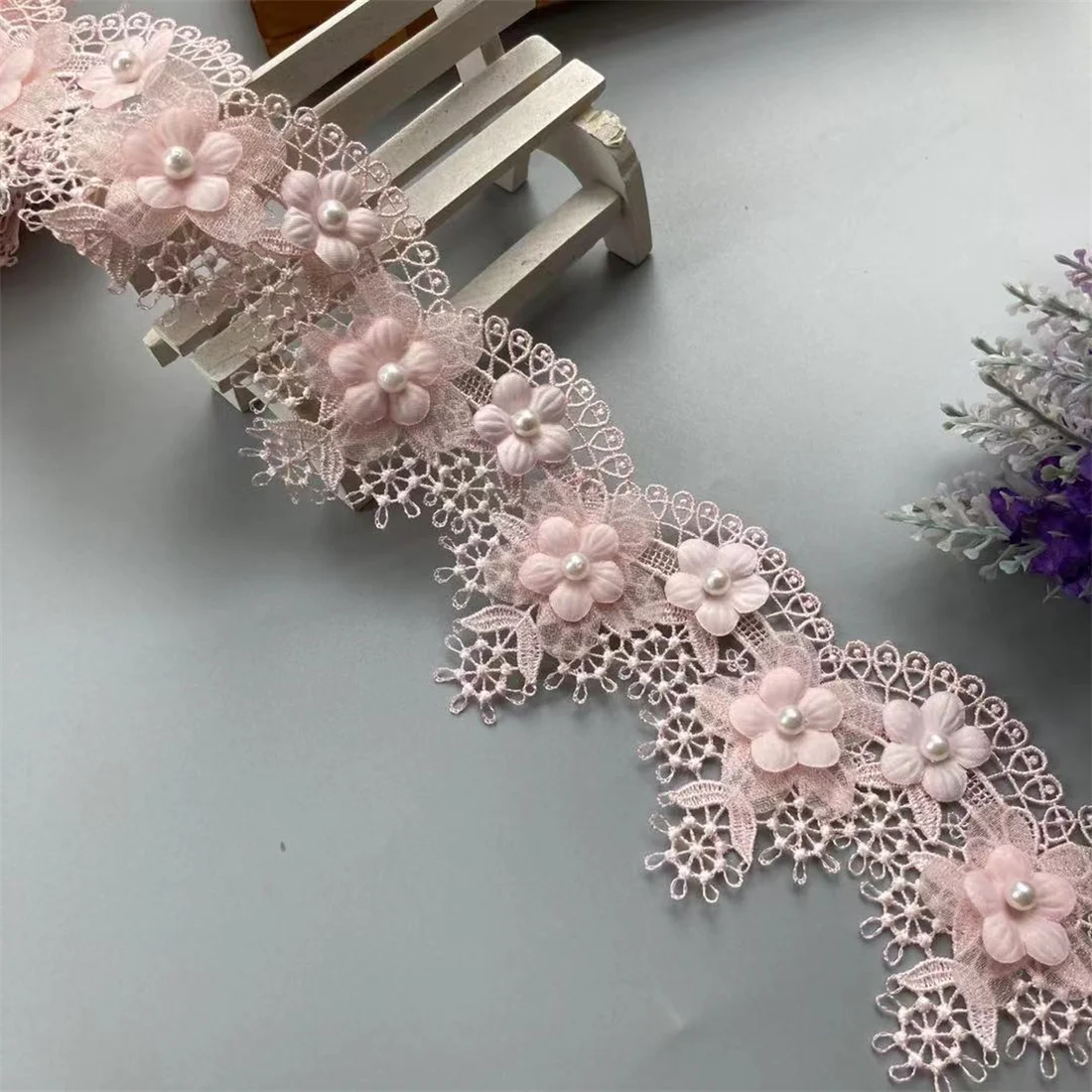 1 Yard Luxury Pink Lace Fabric Pearl Organza Tulle 3D Beads Flowers Embroidery Ribbon Trim Edge For DIY Sewing Neckline Decor