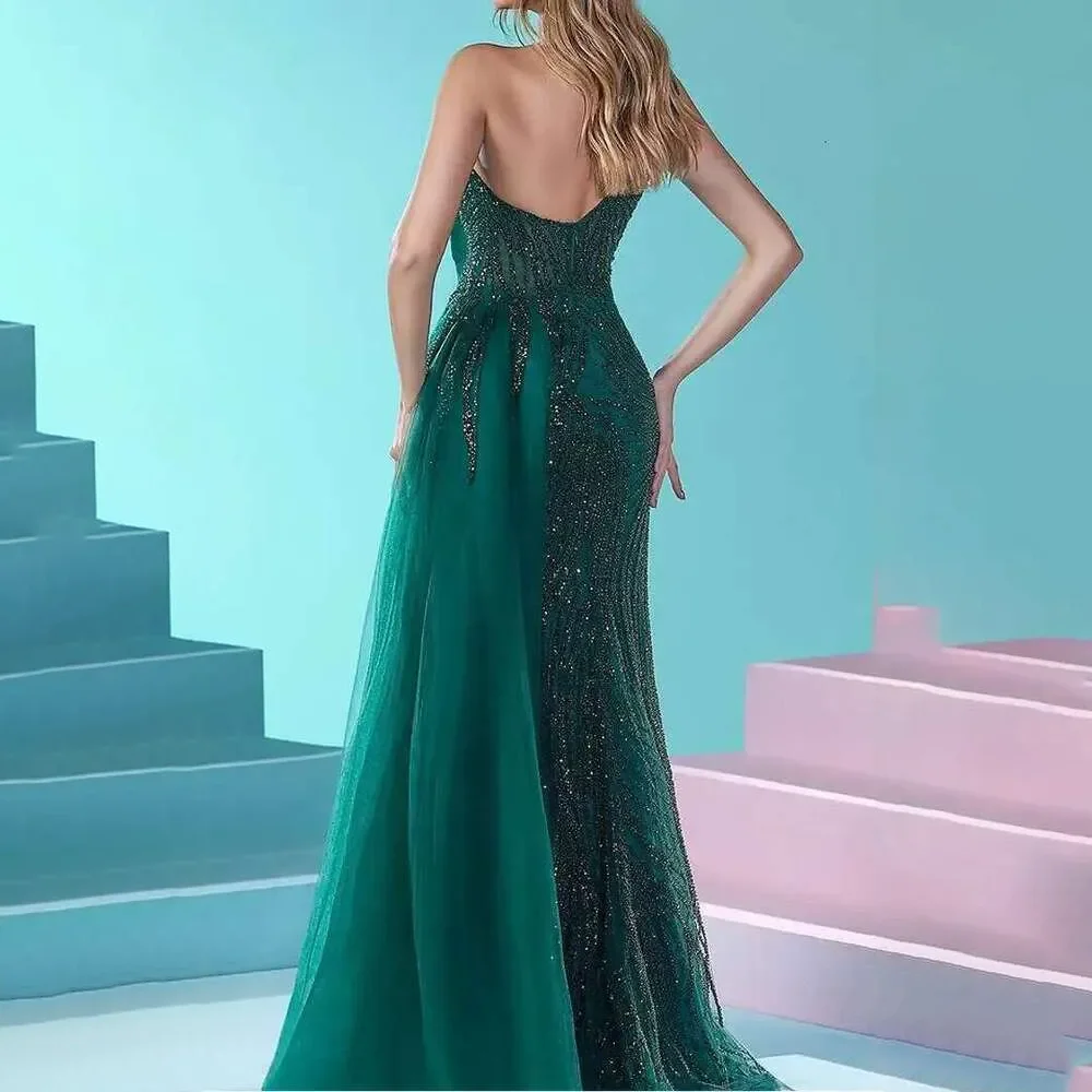 สีเขียวSequinedชุดราตรีหรูหราTulle Classic Party Prom Gowns A-Line Strapless Vintage Evening Prom Dressesที่กําหนดเอง