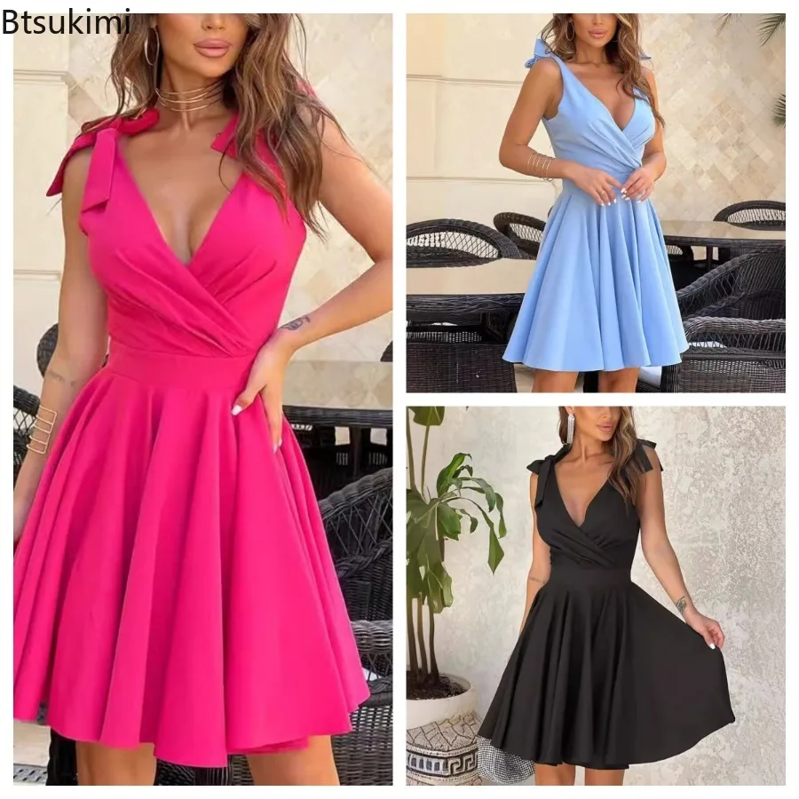 

2025 Women's Summer Sexy V-neck Solid Color Pleated Mini Dress Spaghetti Strap Party Elegant Ladies High Waist A-line Dresses