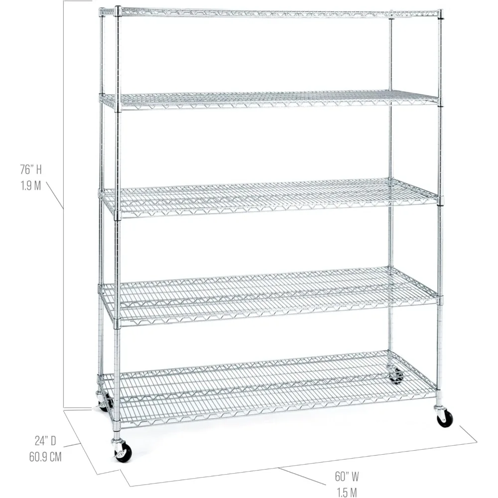 초내구성 견고한 철사 랙 보관 유닛 휠, 5 단 선반, 60 인치 W x 24 인치 D