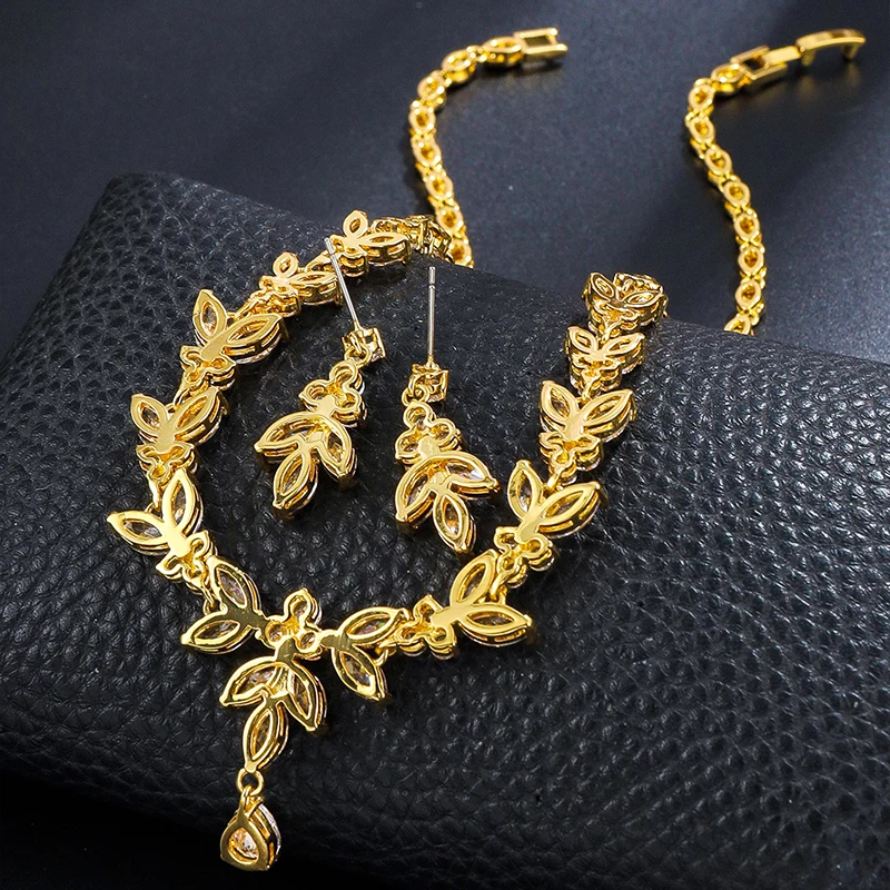 Baiduqiandu Cubic Zircon Leaf Plant Earrings And Necklace Set For Bride Wedding Jewelry