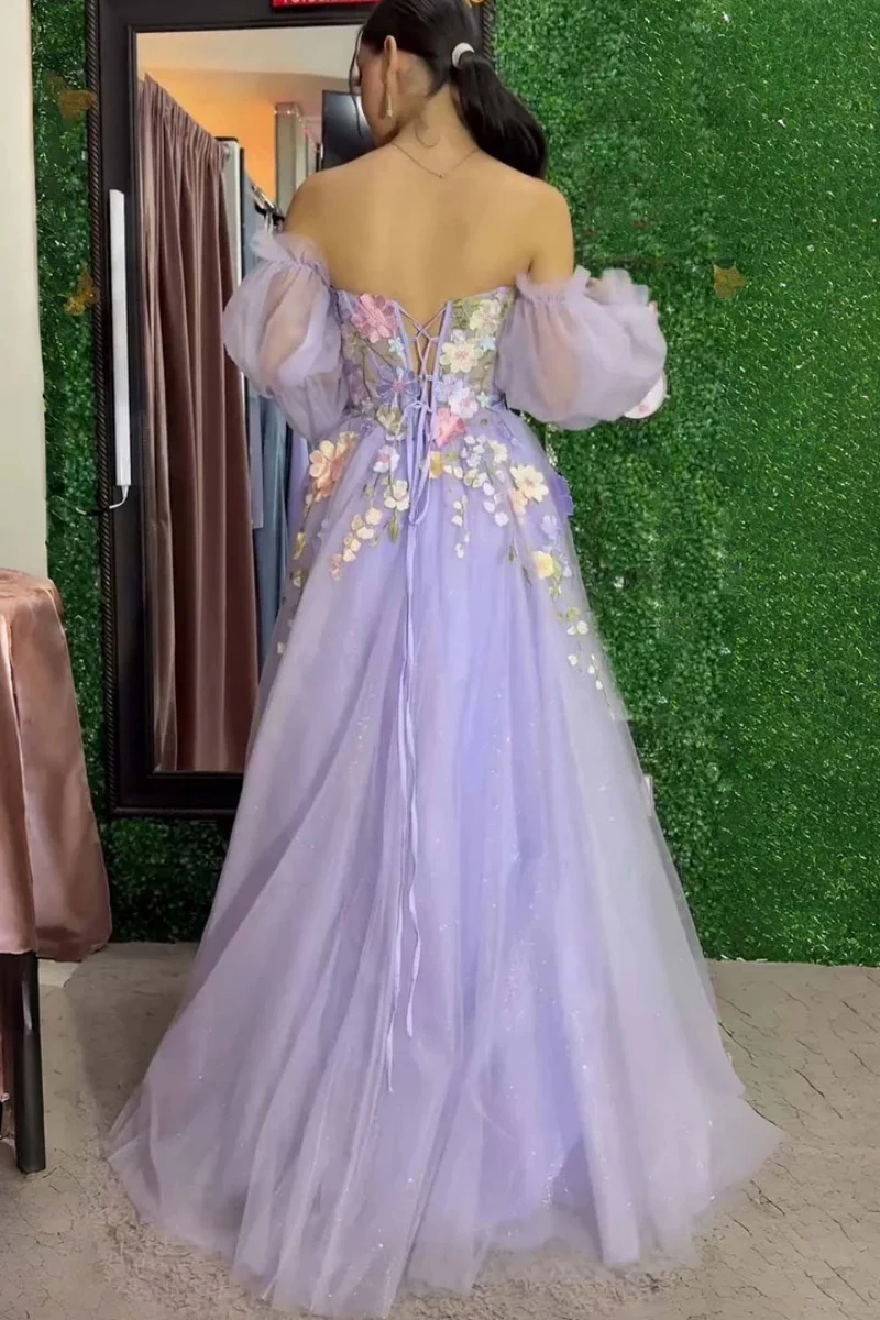 Jessica Tulle Flowers Prom Dresses Sweetheart Lavender Purple Wedding Dress Puff Long Sleeves Robes De Soirée Customized2025