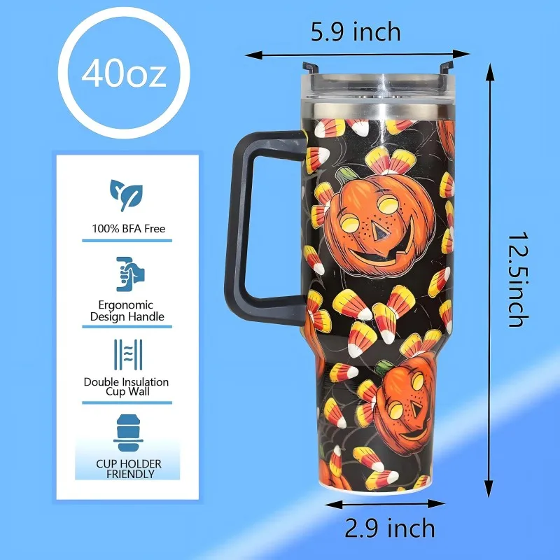 Halloween 40 Oz Vacuum Vacuum Flasks, Tumbler with Handle Cover Straw Stainless Steel Water Bottle for Hot and Cold Beverages.