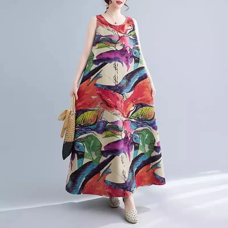 Summer New Retro Floral Linen A-Line Long Dress Women's Large Size Sleeveless Round Neck Mid Length Cotton Linen Dress