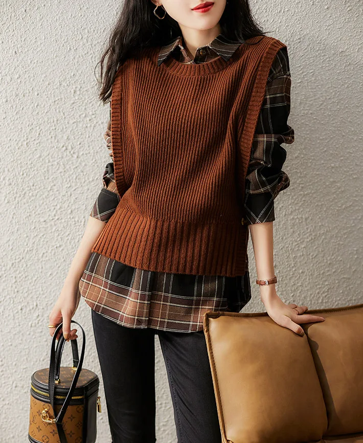 Suéter de cachemira sin mangas para mujer, chaleco de cuello redondo, sólido, informal, moda Chic, Tops de otoño e invierno