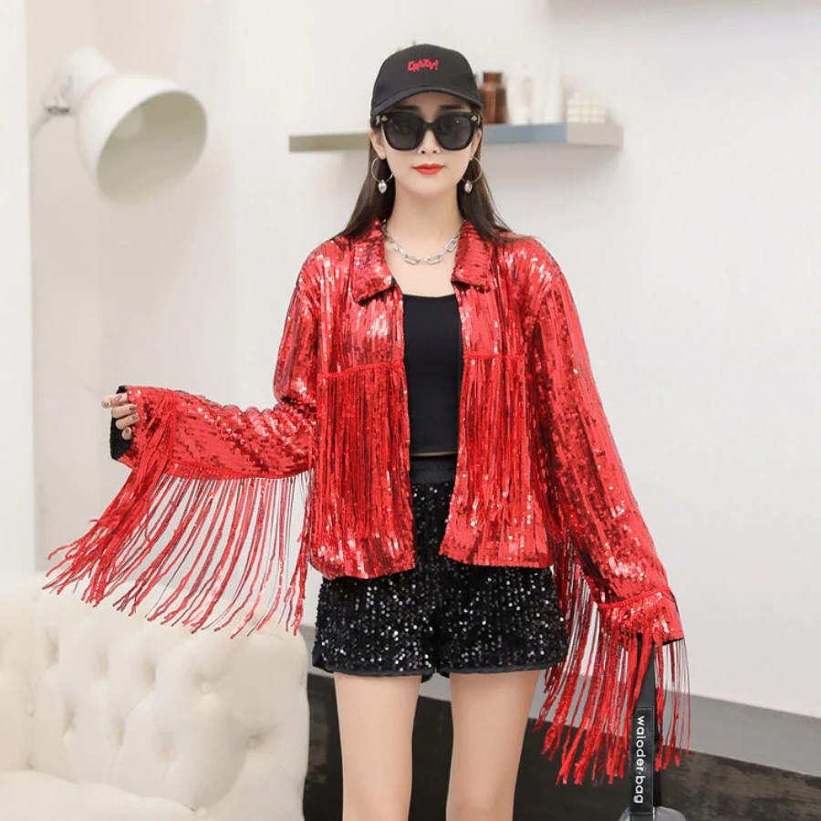 Female Jackets Stage Costume Reflective Tassel Sequin Blazer Outwear Tops Retro Long-sleeved Coat Streewear Solid Outer Wear