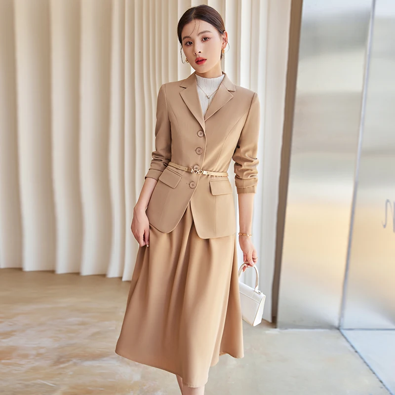 High Quality fall Womens Work Wear 2-piece Long Skirt  Korean Coat Female Formal Office Ladies  Blazer Sets (without Belt) wint