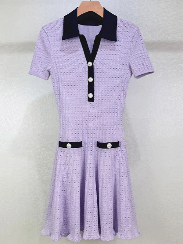 

Ele Knitted ort Sve Hollow out Waist Cinched Dr Color Blo Collar Design Summer Commute High Waist A-Line Skirt