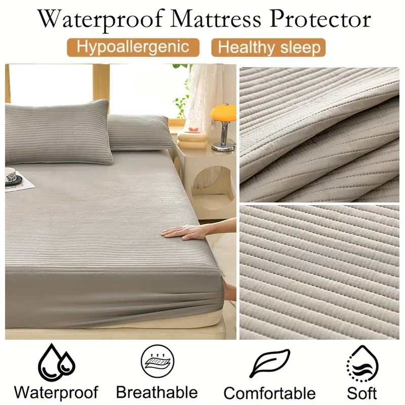 1pc Waterproof Mattress Cover 3-Layer Protector Soft Fitted Sheet Solid Color Bedding
