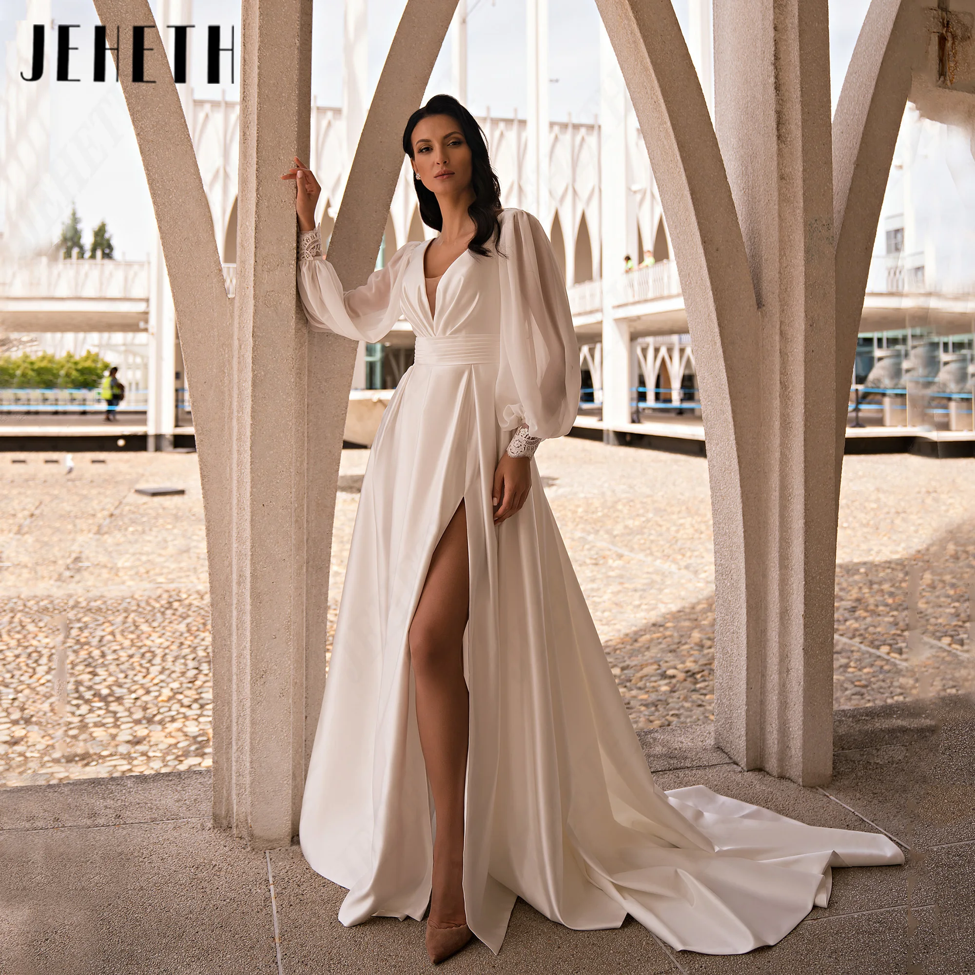 JEHETH High Side Split Satin Modest Wedding Dress A Line Deep V Back Bridal Dresses Customized V-Neck Bride Gowns Puff Sleeve