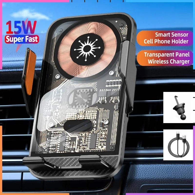 

15W Wireless Car Charger Stand 360° Rotation Auto Air Vent Phone Holder Automatic Sensing Transparent Support Phones
