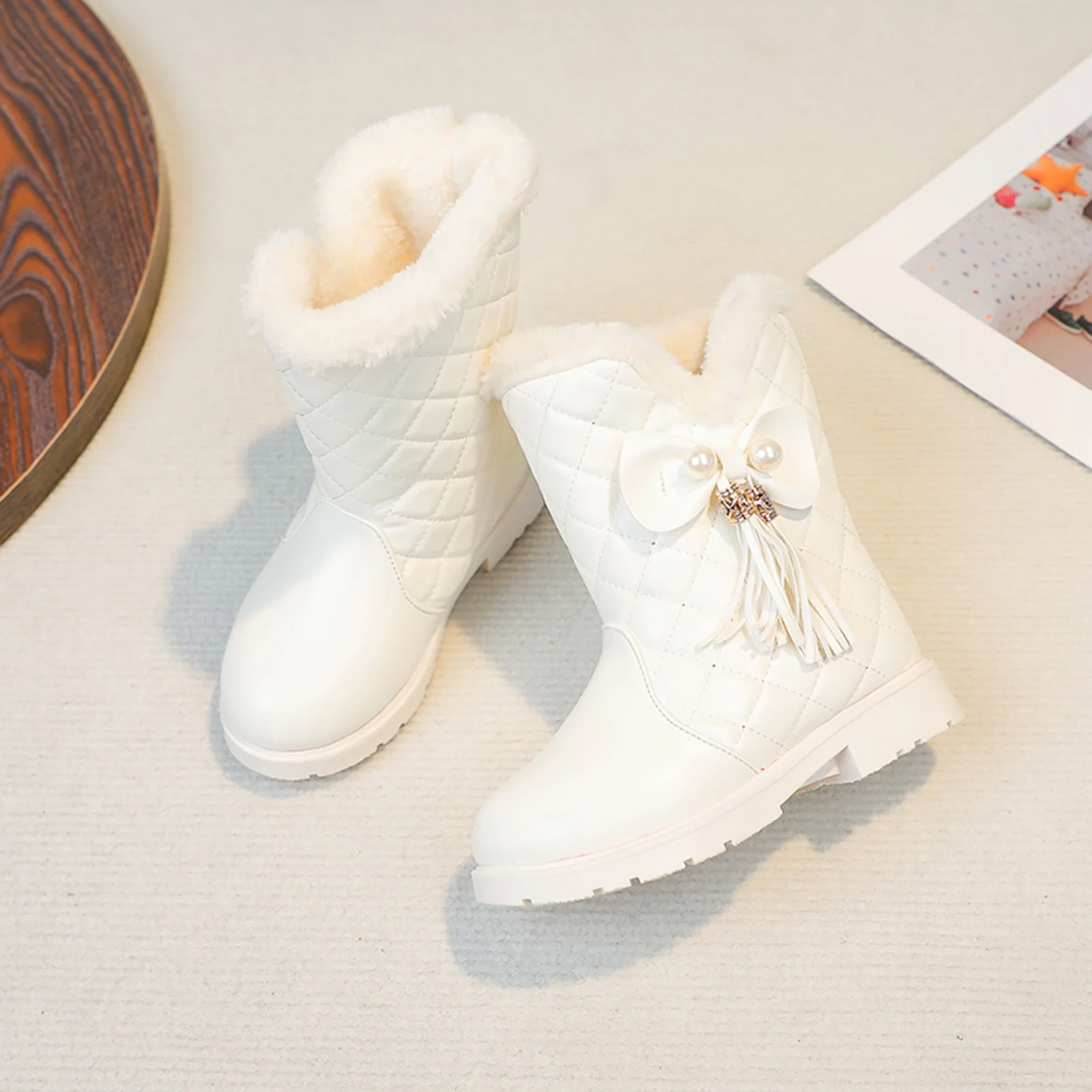 

3-15years Toddler Girl Snow Boots shoes Cute Bowknot Leather Booties for infant girls Winter Warm Fur Ankle Boots