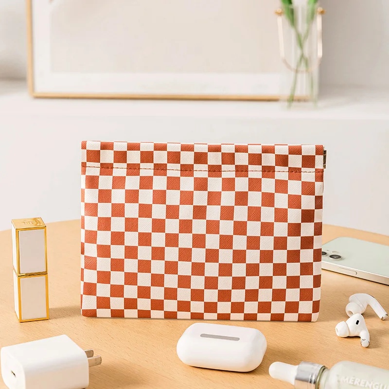 Mini Checkerboard Storage Vessels Portable Data Cable Headphone Storage Bags Automatic Closing Storage Organizer