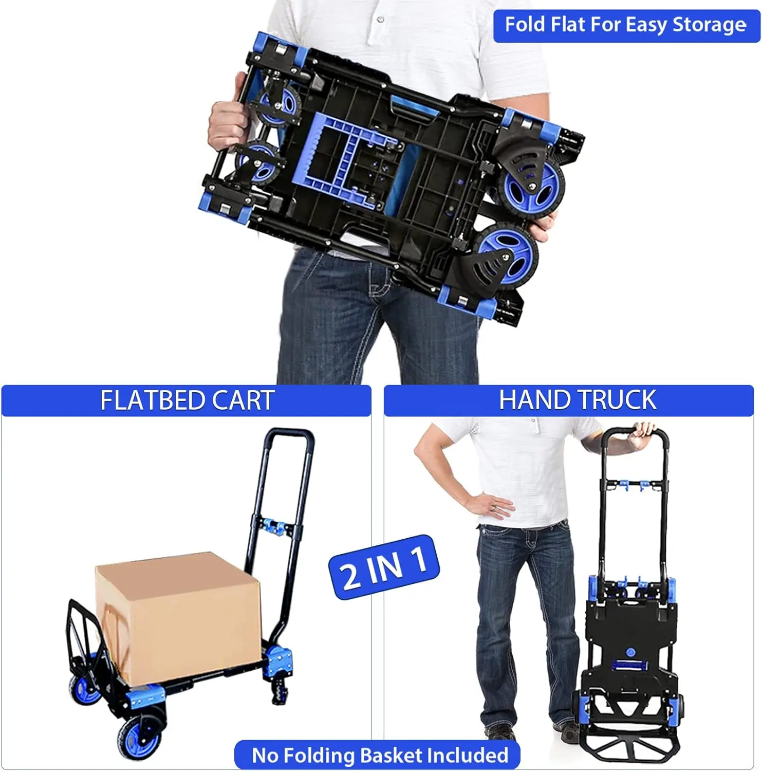 Folding Hand Truck Dolly with Folding Basket with Wheels 2 in 1 Platform Truck Push Cart Dolly with 4 Wheels Retractable Handle