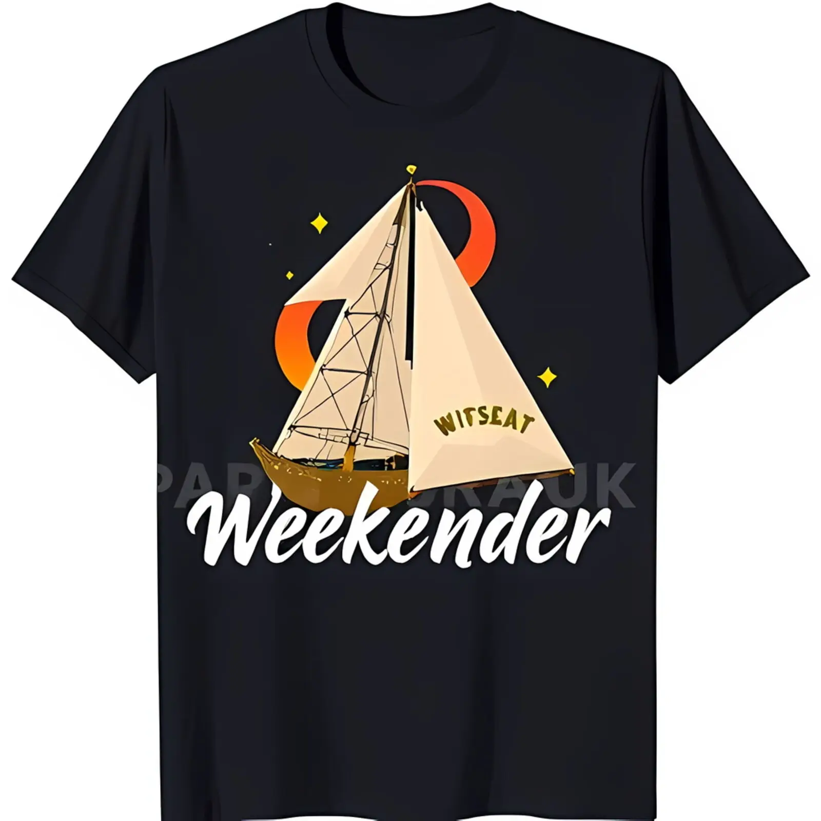 Stylish Black T-Shirt with Bold Sailboat Graphic and Sunset Design