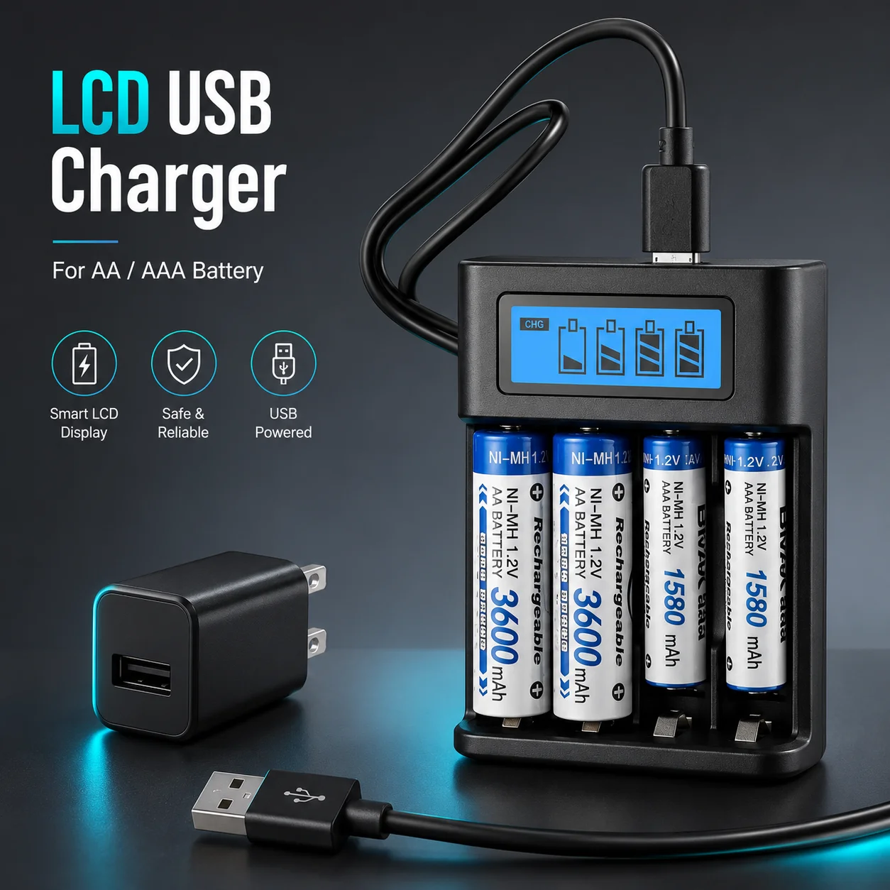 4 Slots USB Battery Charger LCD Display Universal Charger For AA AAA Ni-MH Ni-Cd Rechargeable Batteries With LED Indicator