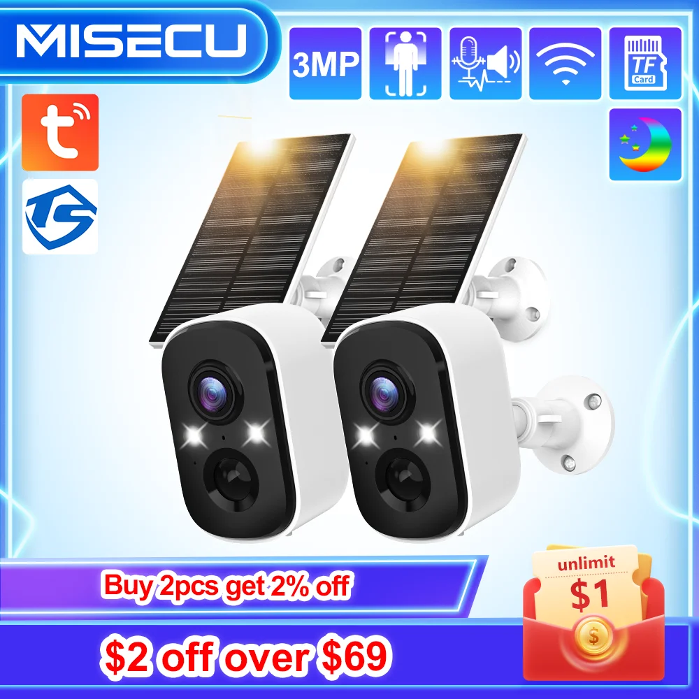 MISECU Tuya 3MP Security Battery Camera Combo con pannello solare Audio bidirezionale Wireless Outdoor Human Detection Surveillance Suite