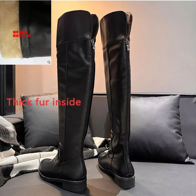 

Winter Black Women's Knight Boots Over The Knee Boots Round Toe PU Boots High-top Shoes Chunky Heels 3cm Back Zipper Long Boots