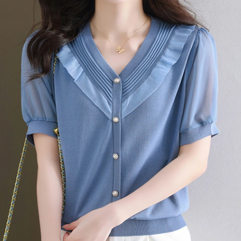 

New Summer Short Sleeve Blue Knit Sweater Women Pullover Blusas Mujer De Moda 2024Verano V-Neck Knitted Women Sweater Tops G638