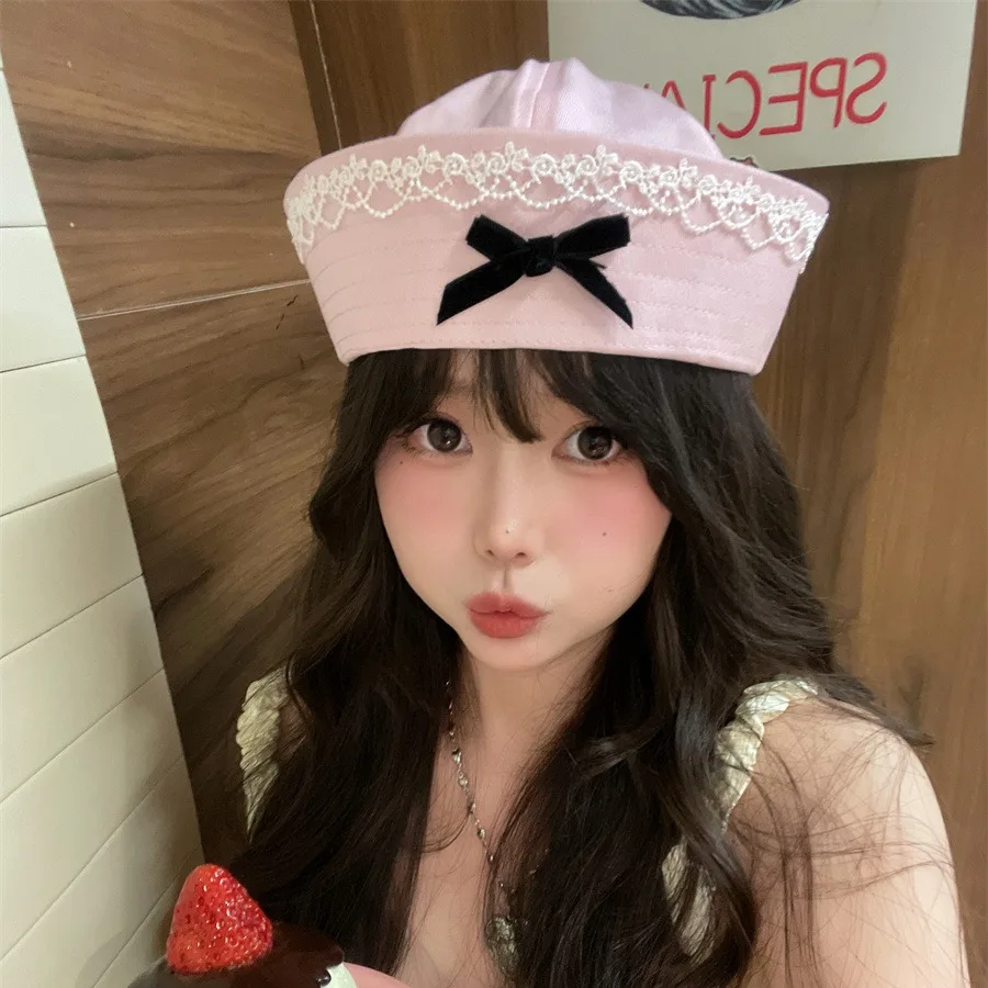 Girl's Cosplay Hats Bow Tied Beret JK Korean Version Sweet Style Caps Cute Korean Version Pink Beret Navy Hat Sailor Hat Summer