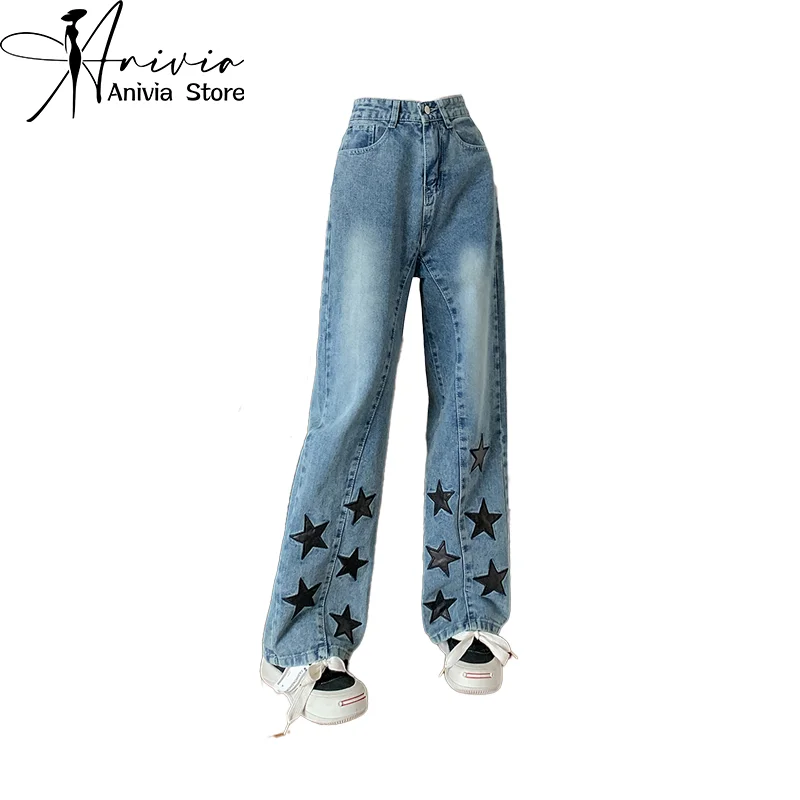 

Harajuku Streetwear Retro Fashion Women High Waist Jeans 2024 Star Design Wide Leg Straight Loose Denim Trousers Y2K Baggy Pants