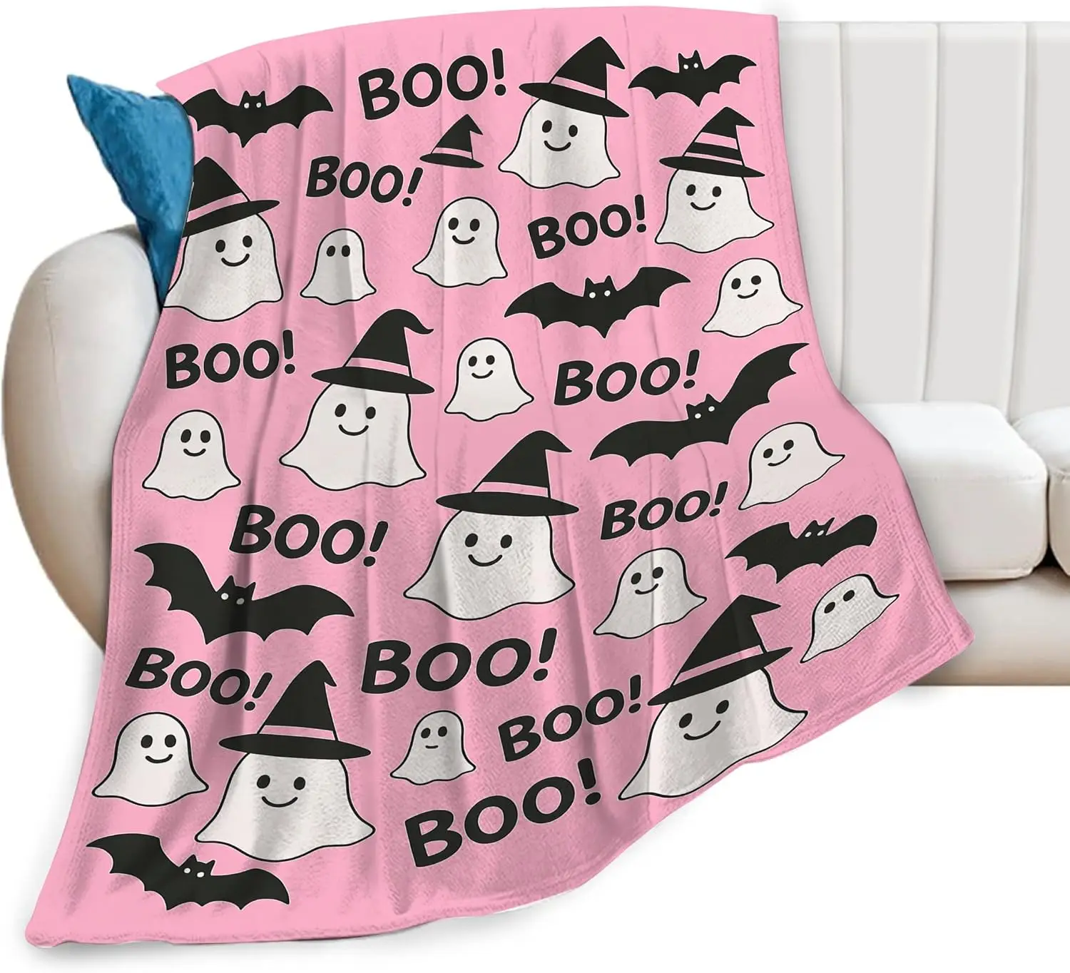 Halloween Pink Throw Blanket Cute Ghost Bat Blanket Soft Cozy Fleece Fuzzy Plush Warm Stuff Bedding Blankets for Women Girls Kids Adult Men 40