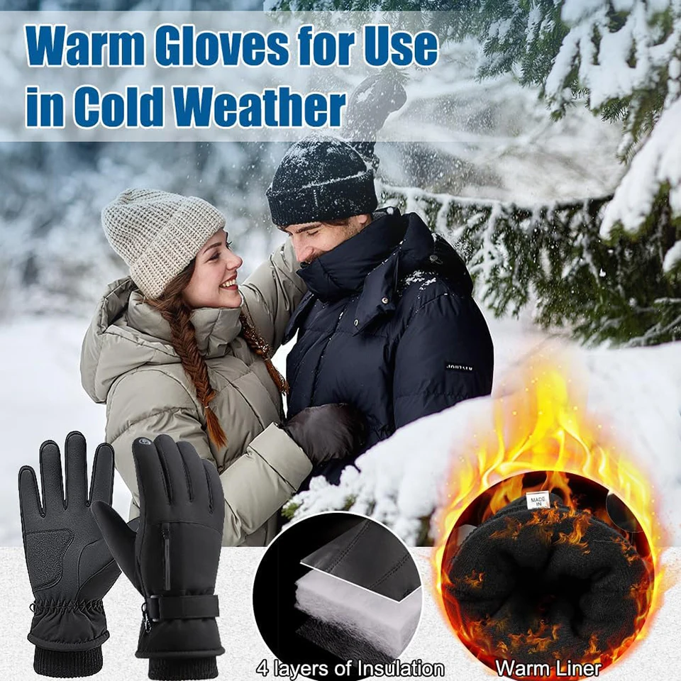 GOBYGO 1Pair Winter Ski Gloves Thickened Cold Non-slip Waterproof Touch Screen Gloves Extended Wrist Riding Ski Gloves Men Women