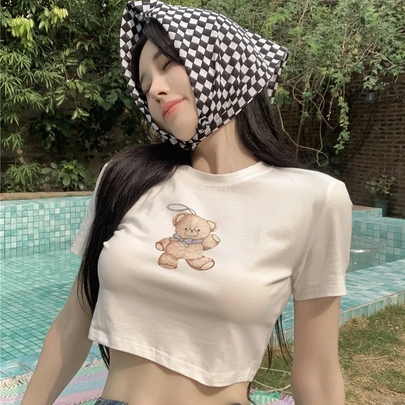 

Cute Cartoon Bear Print Round Neck Short-sleeved Lace White Sexy Y2k Crop Top Ladies Summer Cotton T-shirt Basic Casual Top 2022