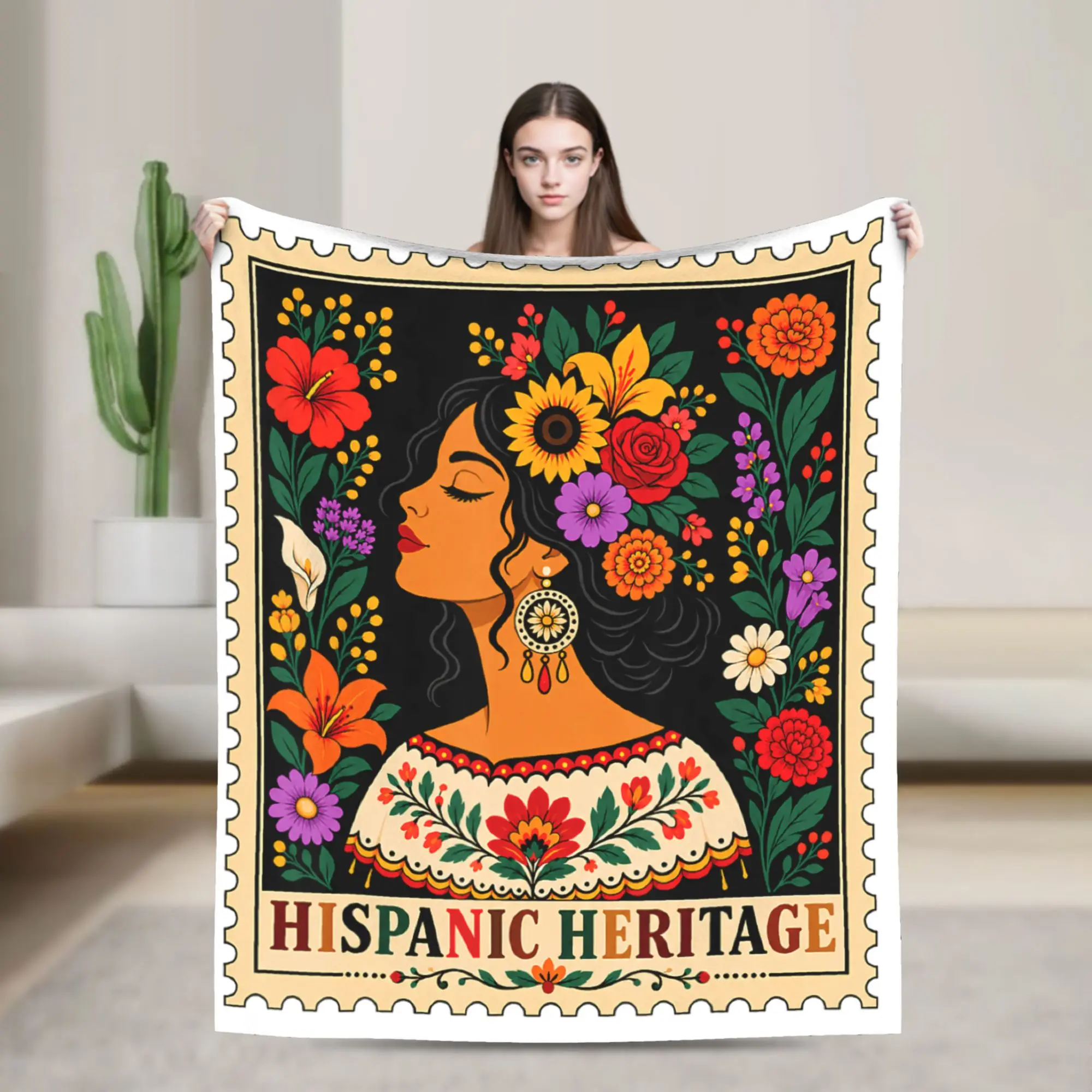 Hispanic Heritage Month Flowers Stamp Latin American Soft Cozy Blanket For Living Room  Novelty Throw Blanket Winter