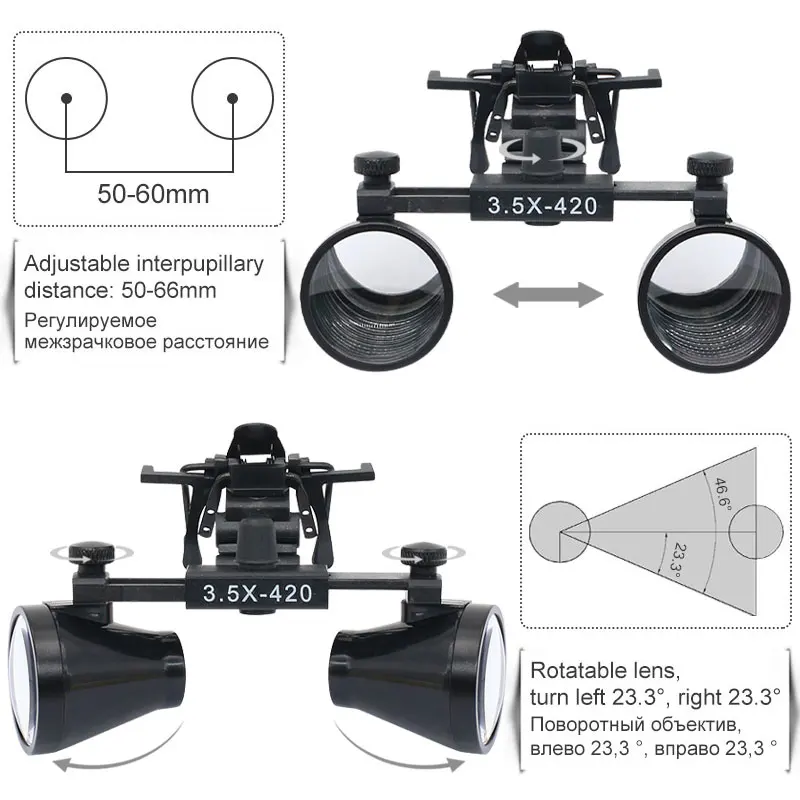 Dental Binocular Magnifying Glass with Mount Clip 3.5X 2.5X Optical Magnifier 320-420mm Dental Loupes Wide Field of View