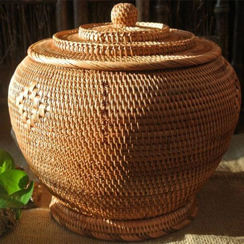 Hand-Woven Basket Primary Colors Simple Retro Rattan Storage Boxes with Lids Jewelry and Tea Set Storage Household