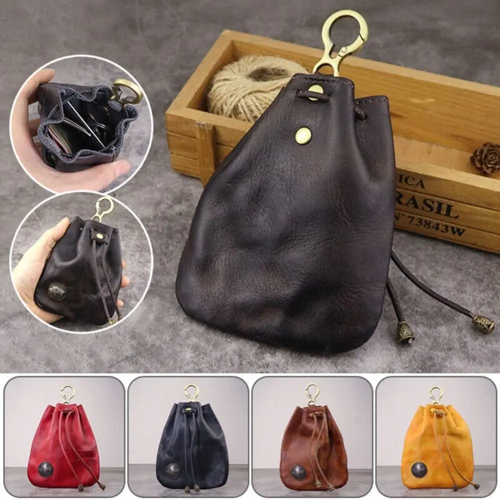 Retro Genuine Leather Coin Purse Pouch Drawstring Wallets Car Key Bag Simple Hanging Bag Solid Color Women Men Waist Purse