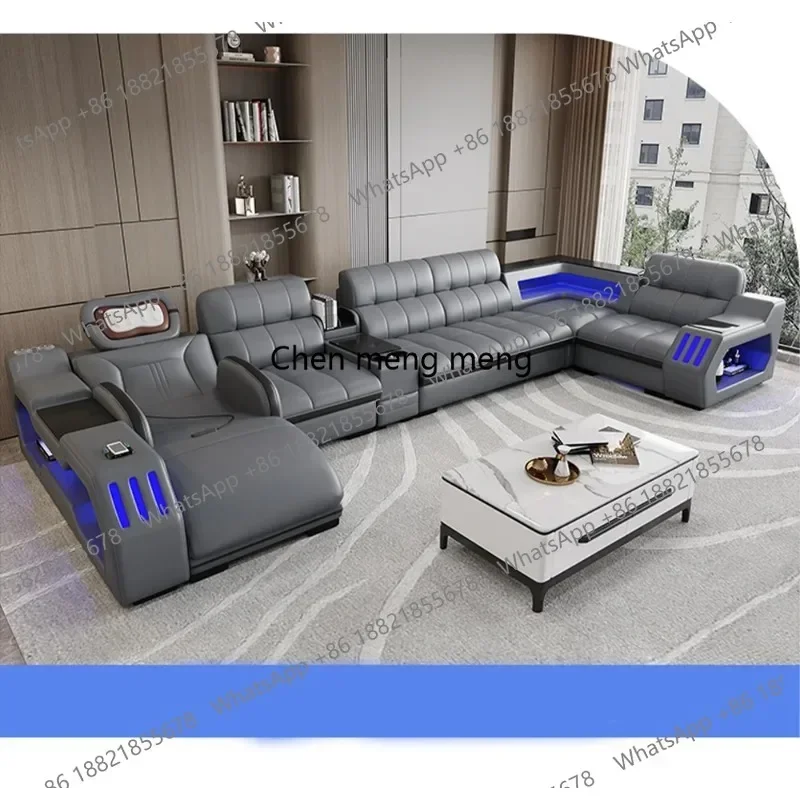 Asmt49Modern Sectional Sofa Bed with LED Light, Electric Recliner and Massage | Living Room Genuine Leather Couch with Cup Holde