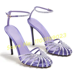 Purple Women Crystals Cage Round Toe Sandals Chic Elegant High Heels Sandals Ladies Ankle Strap Fashion Party Stiletto Shoes