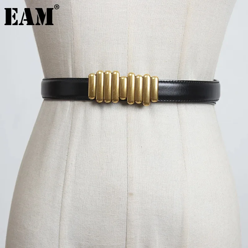 [EAM] Pu Leather Black Metal Buckle Long Vinatge Belt Personality Women New Fashion Tide All-match Spring Autumn 2025 1DH8811