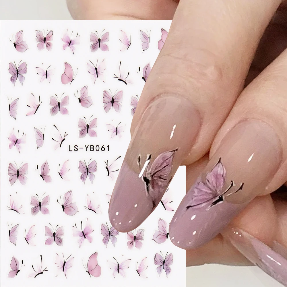 3D Butterfly Nail Stickers Purple White Fairy Decals Black Wings Self-Adhesive Sliders French Charms Manicure Decors LEBLS-YB061