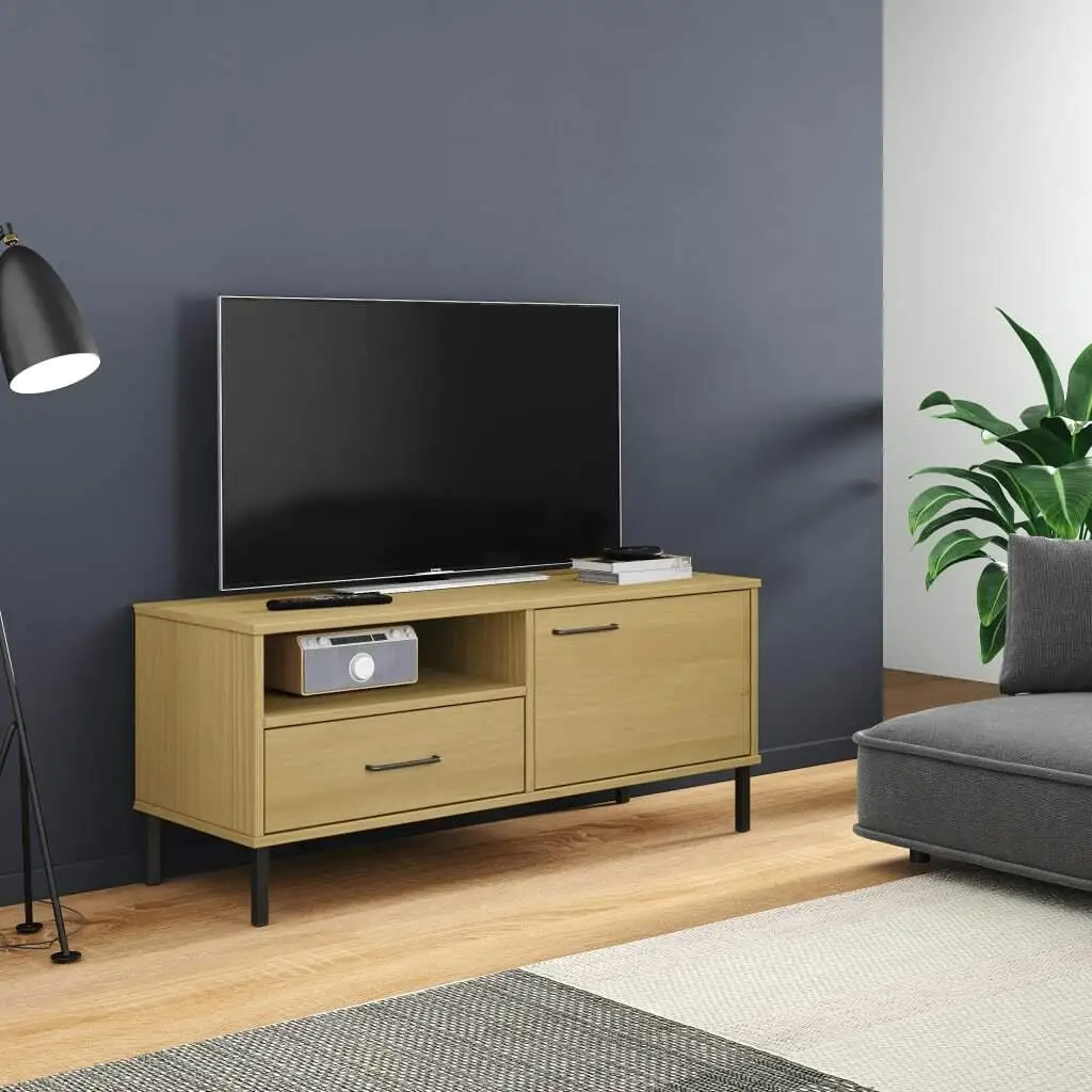 OSLO Pine Wood TV Cabinet with Metal Legs - Stylish Brown Finish for Modern Living Rooms