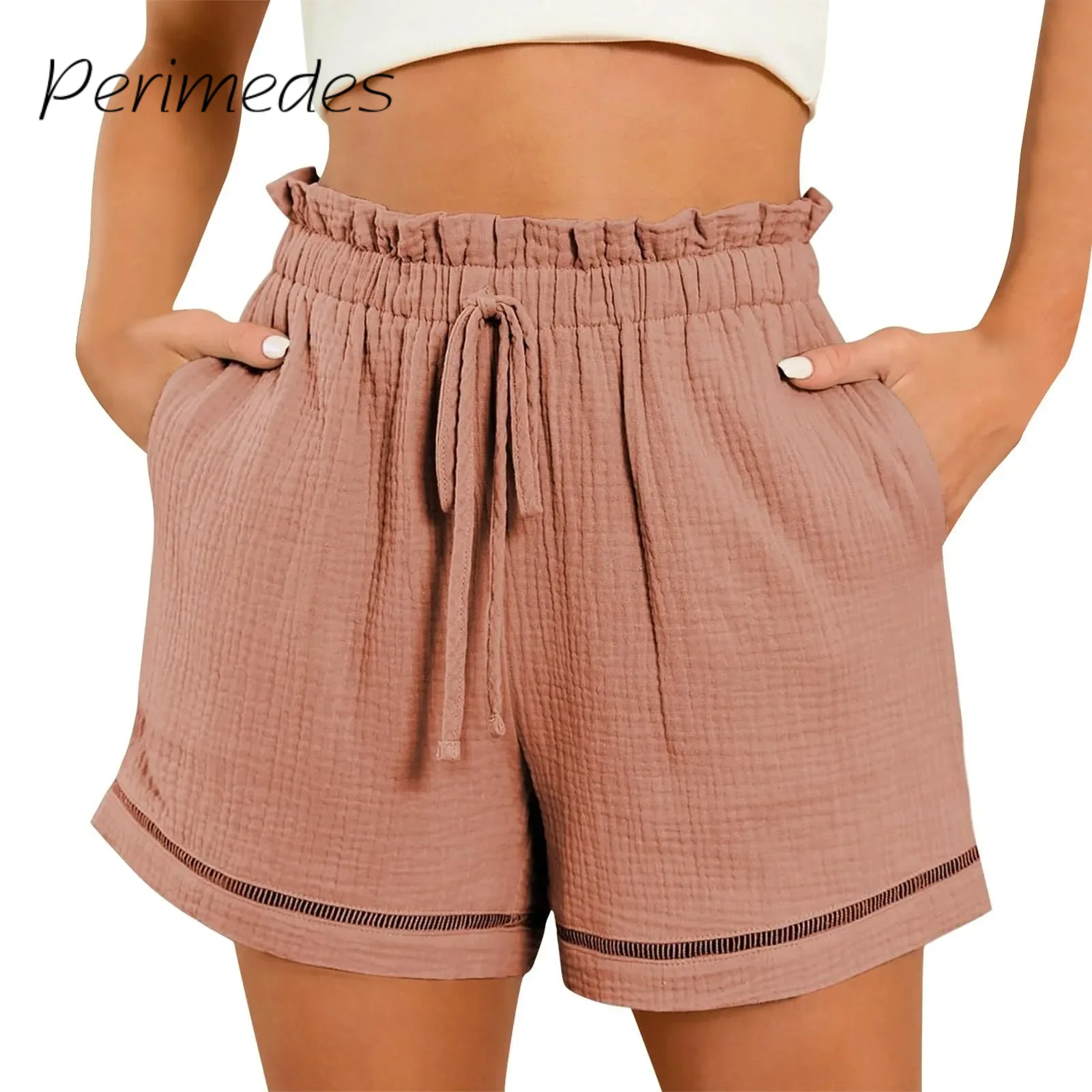 

Cotton Shorts For Woman Summer New Casual High Waist Ruffle Shorts Elastic Drawstring With Pockets Solid Color Comfy Shorts