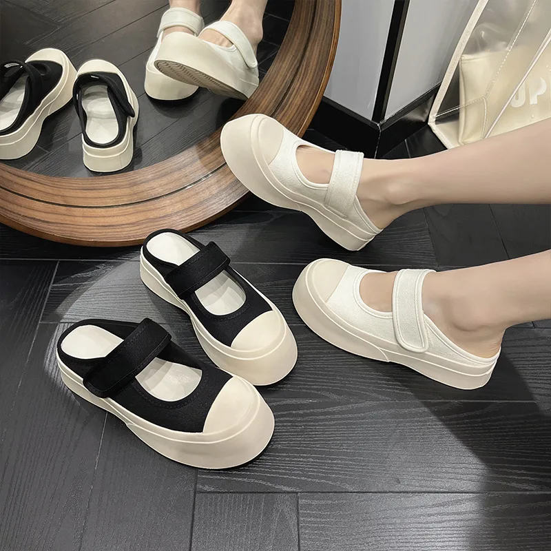 

Французские женские полутапочки-сандалии 2026 года, летние, в стиле «ugly cute», с широким носком, на толстой подошве, из канваса