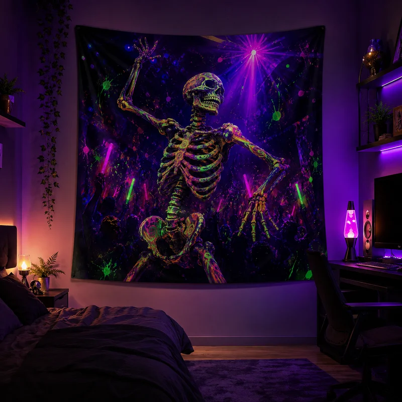 VIKAMA Dancing Skeleton Tapestry, Rainbow Splatter Psychedelic Disco Wall Hanging, Trendy Home Decor