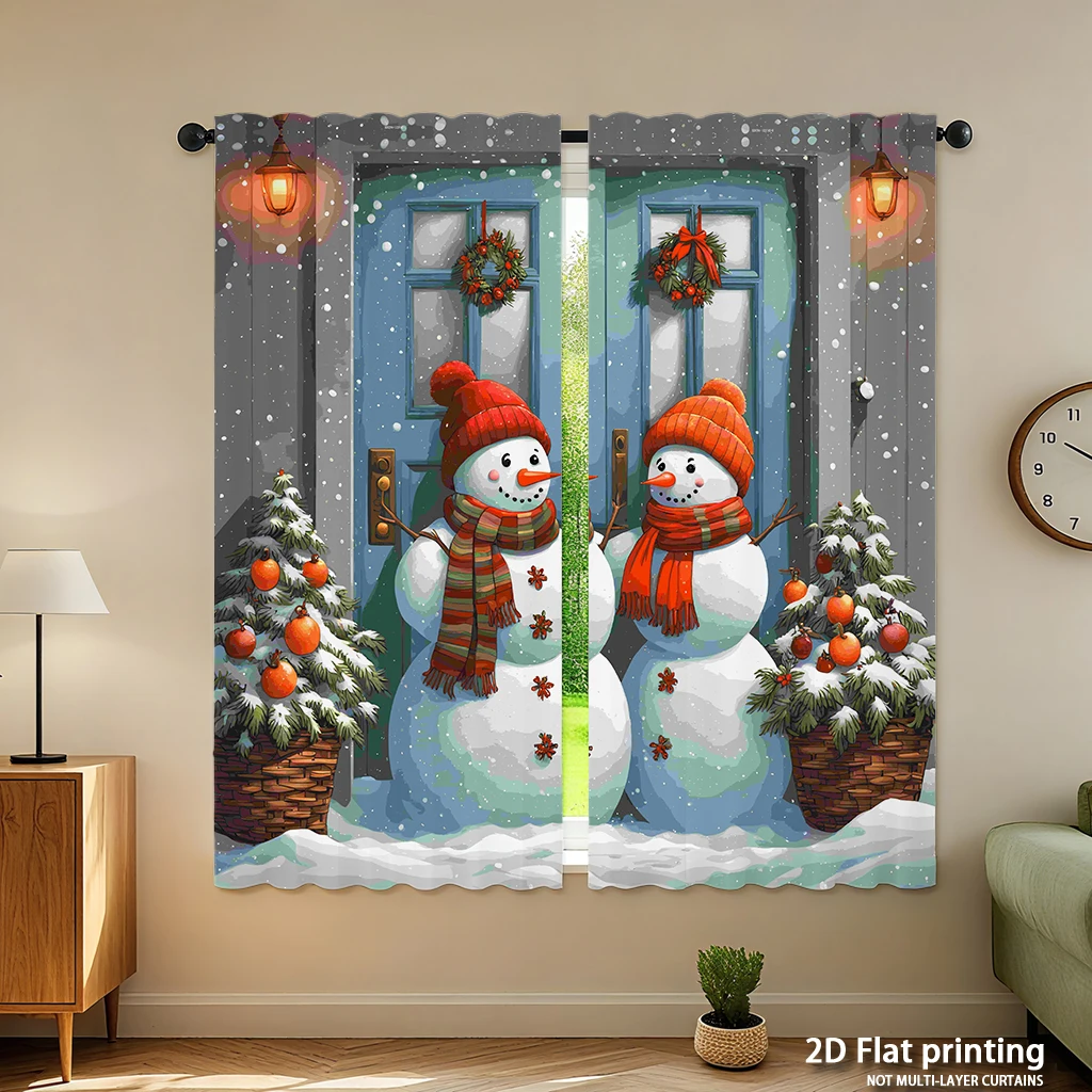 2-piece set of high-definition digital printed curtainswinter scene snowmen red hats scarves orange trees door wreaths snowflake