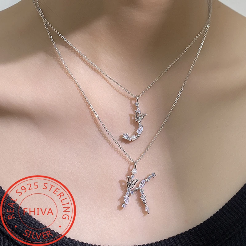 

Luxury S925 Sterling Silver Choker Butterfly Paired With Pearls Letter Pendant Zircon Necklace Party Gift For Women Fine Jewelry