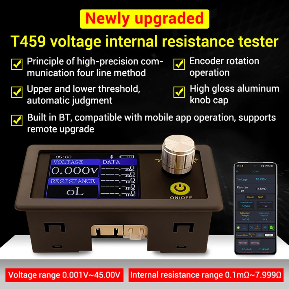 

4-проводной T459, высокоточный прибор для измерения внутреннего сопротивления литиевой батареи, 20 комплектов, поддержка хранения данных, дисплей через приложение Bluetooth
