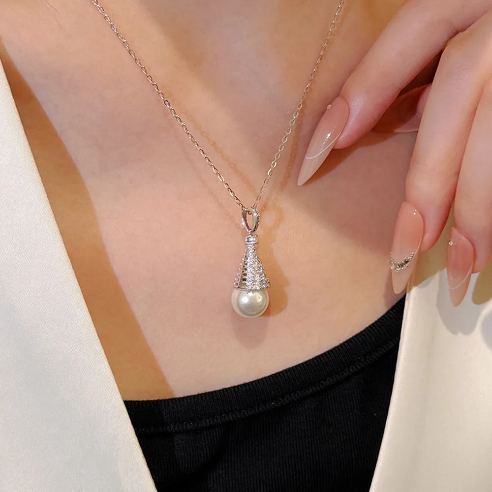 

S925 Sterling Silver Snow Tower Pearl Women's Necklace French Style Heavy Craft Diamond-Inlaid Versatile Jewelry