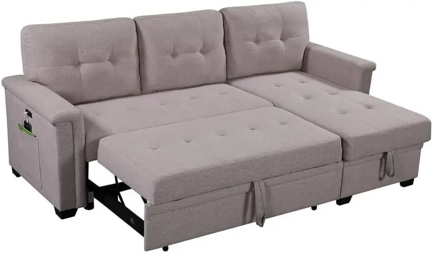 Ashlyn Sofá seccional reversible gris claro con chaise de almacenamiento, puertos de carga USB y bolsillo