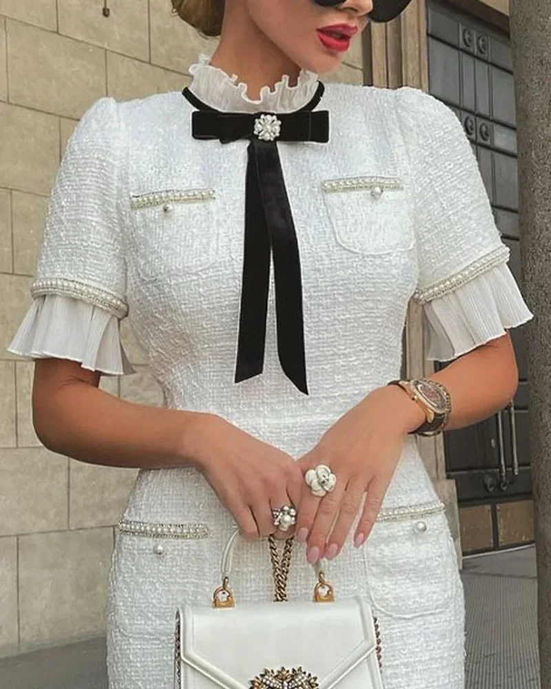 Women Dress Elegant Round Neck Short Sleeves Bow Ruffle Hem Beaded Fashion High Street Fairycore White Dress