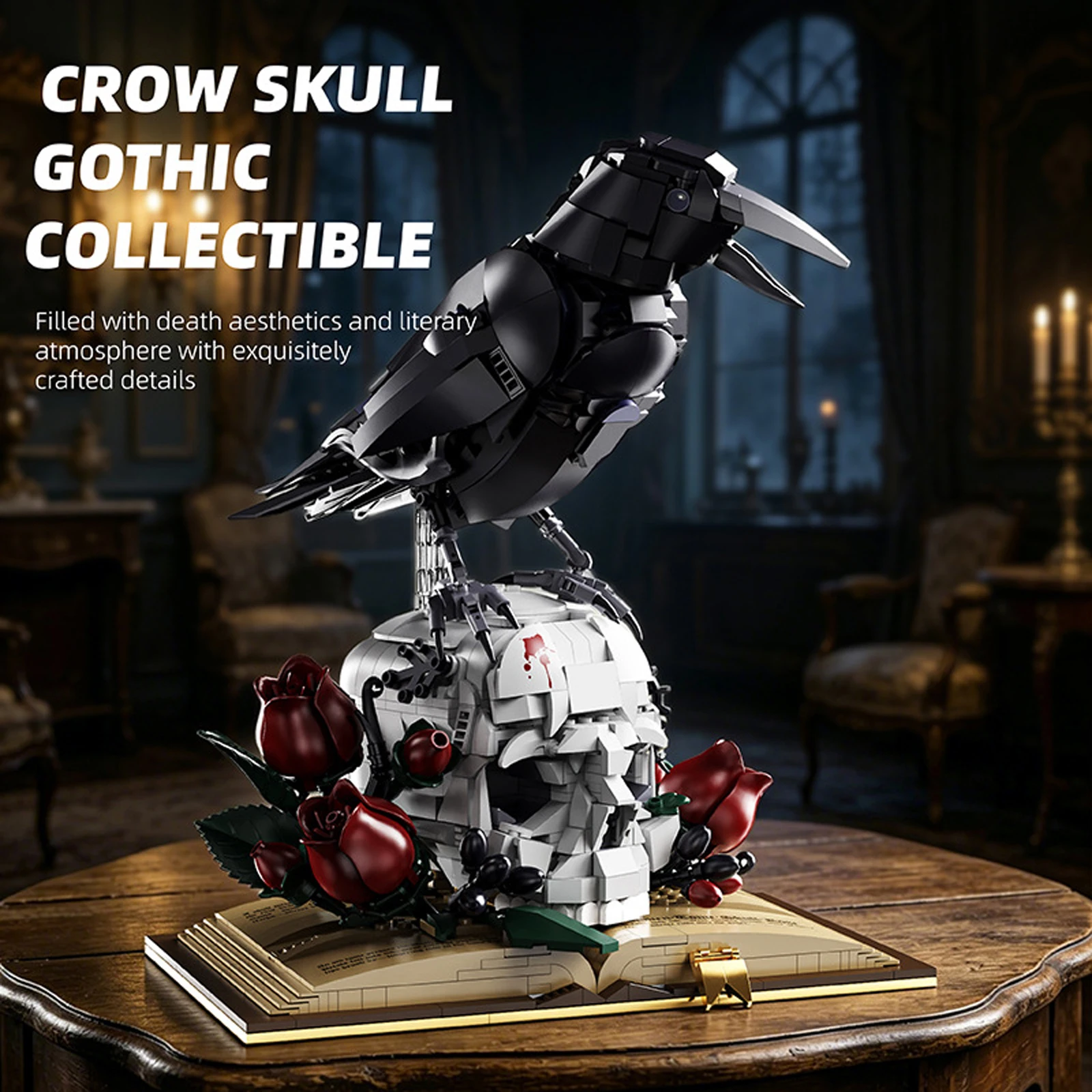 

MOC Raven Rose Skeleton Dark Magic Book Model 1358PCS Building Blocks Gothic Crow Skull Horror Decor Halloween Creative Gifts